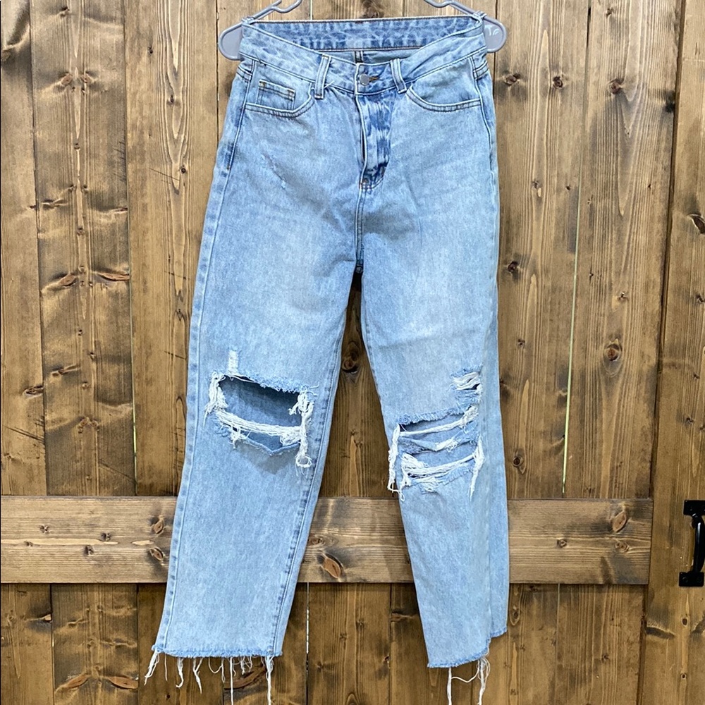 SHEIN Blue Straight Leg Jeans with Vintage Distressing